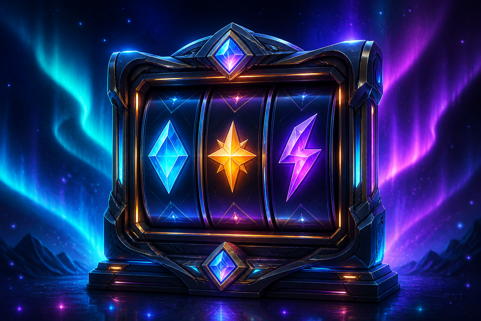 Neon Aurora Reels cabinet glowing beneath aurora light ribbons